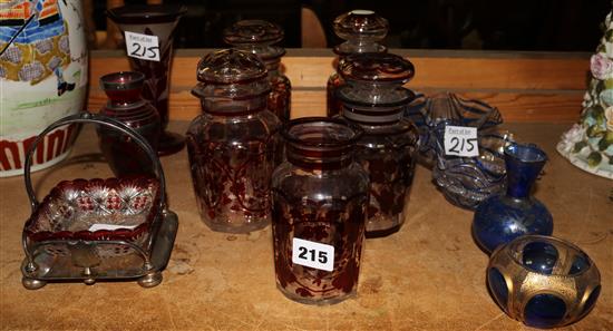 Set of ruby glass storage jars etc